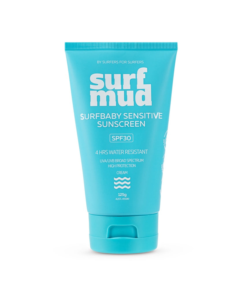 A 125g blue tube of SurfBaby Sensitive Sunscreen SPF30 by Surf Mud, a mineral-based sunscreen with non-nano zinc oxide, offering high UVA/UVB protection, water resistant for 4 hours, and broad spectrum coverage.