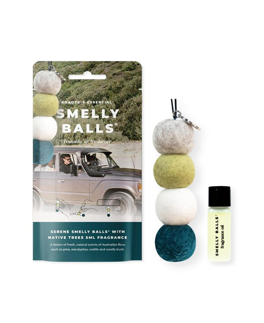 Smelly Balls Hang Serene Set Native Trees is shown with four colored, ethically sourced wool felt balls, a 5ml Native Trees Fragrance vial, and packaging featuring a car and Australian flora.