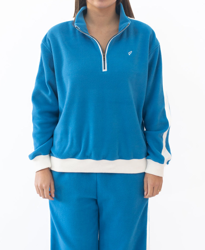 Golden Breed Peggy 1/2 Zip Retro Sweat | Aqua/Off White - Sweaters
