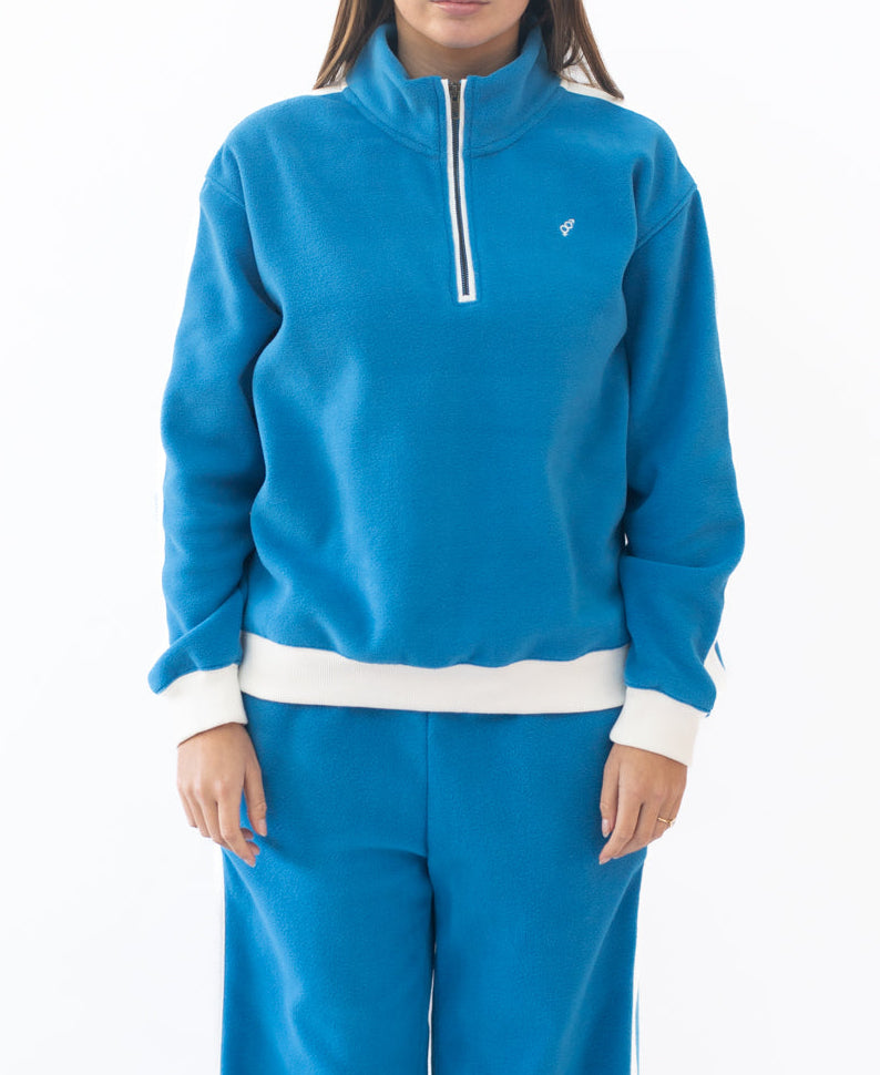 Golden Breed Peggy 1/2 Zip Retro Sweat | Aqua/Off White - Sweaters