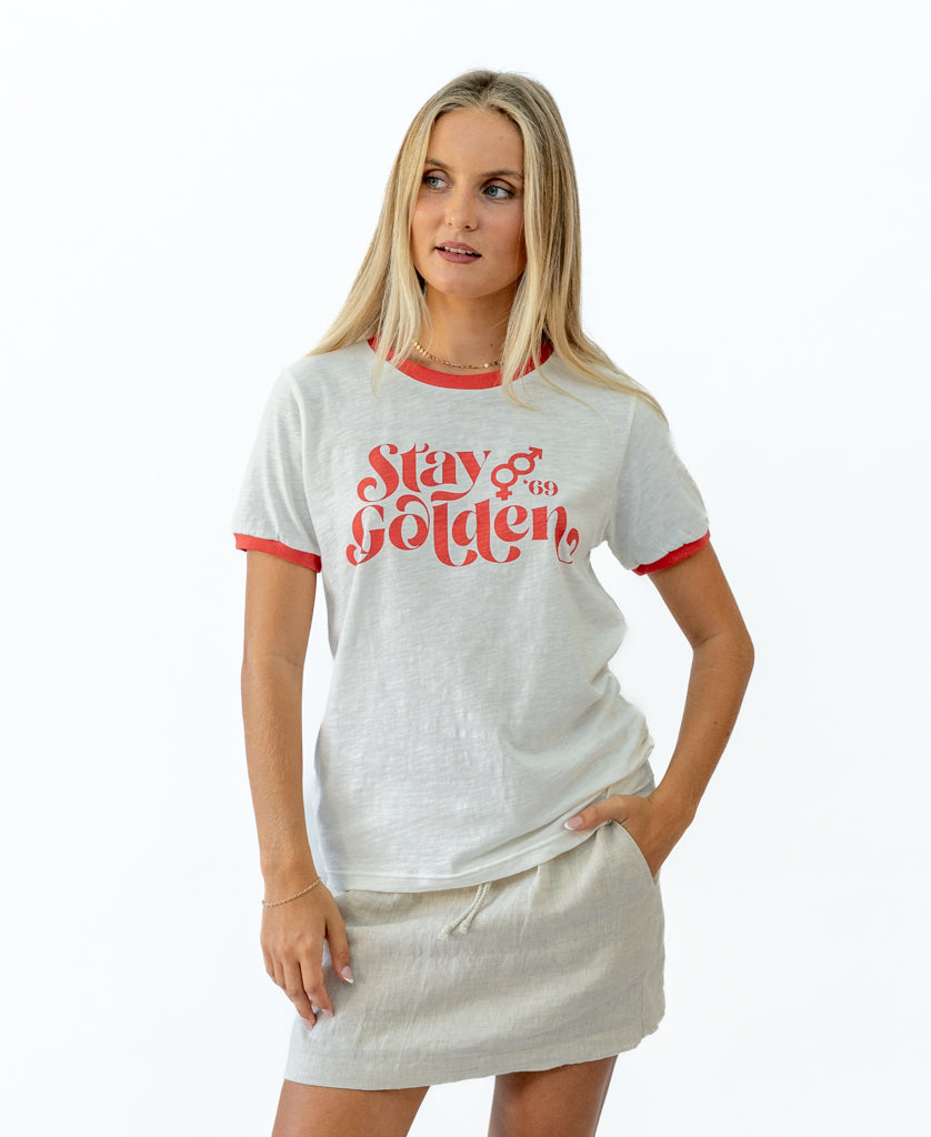 Stay Golden Ringer | Off White/Wash Red