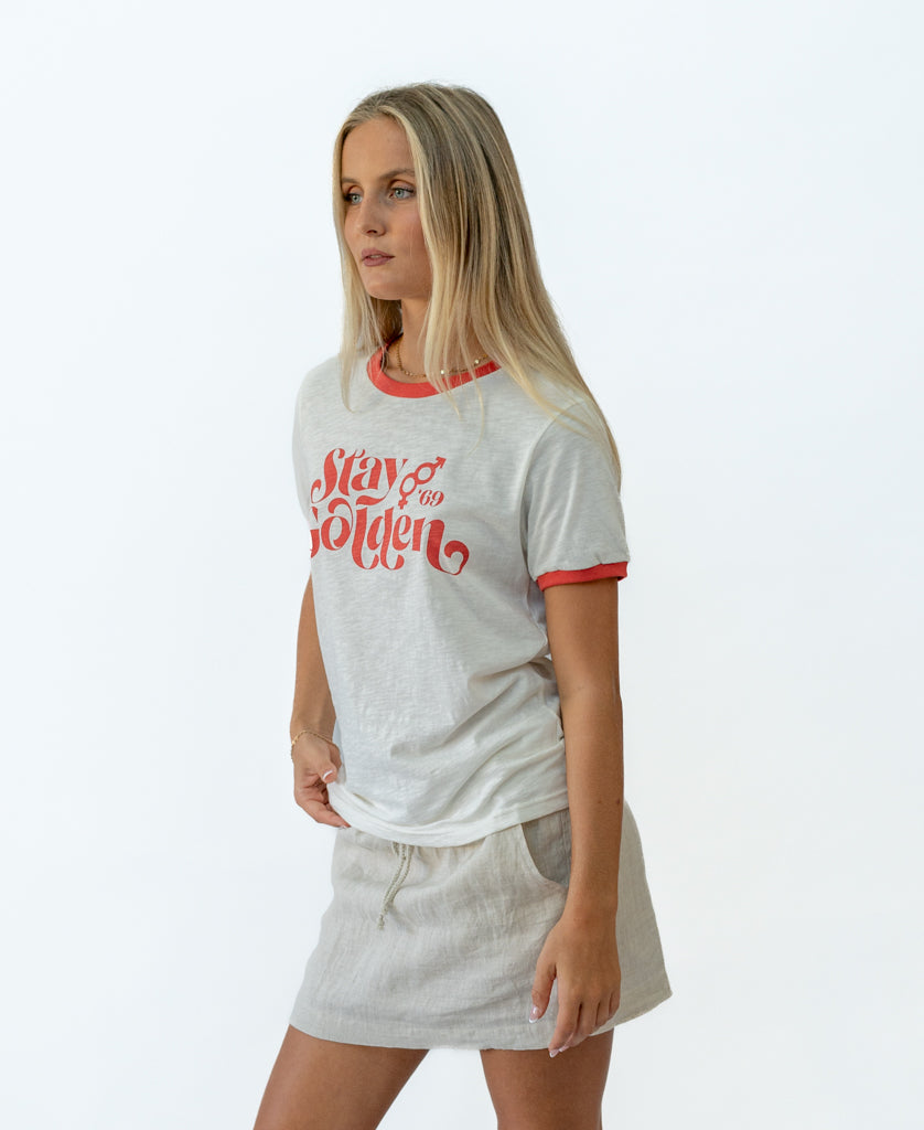 Stay Golden Ringer | Off White/Wash Red