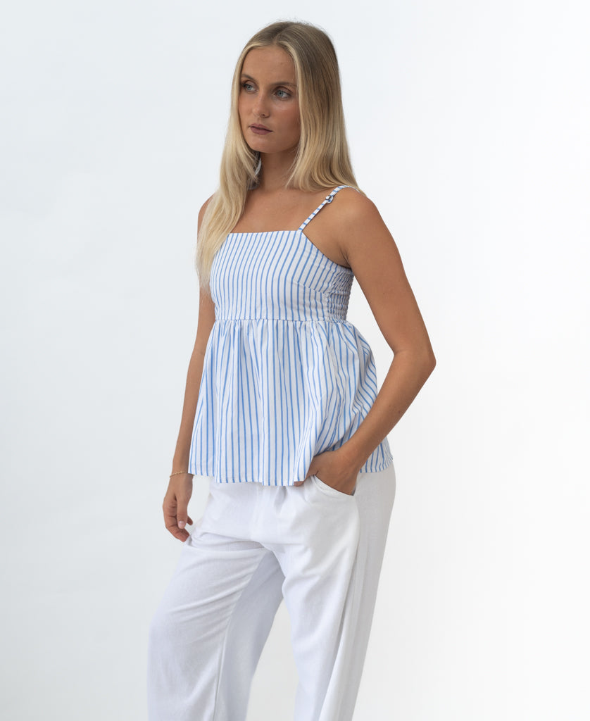 Lazy Beach Celine Top | White/Blue Stripe - Clothing Tops
