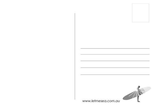 The Postcard Julian Rocks by Let Me Sea features a minimalist back with address lines, stamp box, a surfer silhouette in the bottom right corner, and retro surf vibes in aqua hues. Learn more at www.letmesea.com.au.