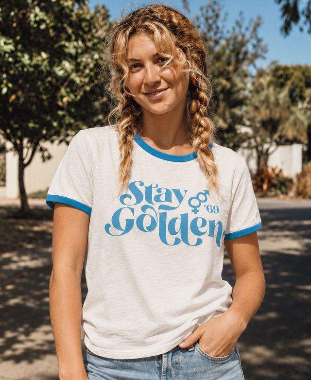 Golden Breed Stay Golden Ringer | Off White/Aqua - T-Shirts